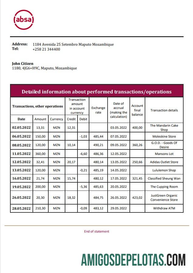 Exemplo de extrato bancário ABSA de Moçambique